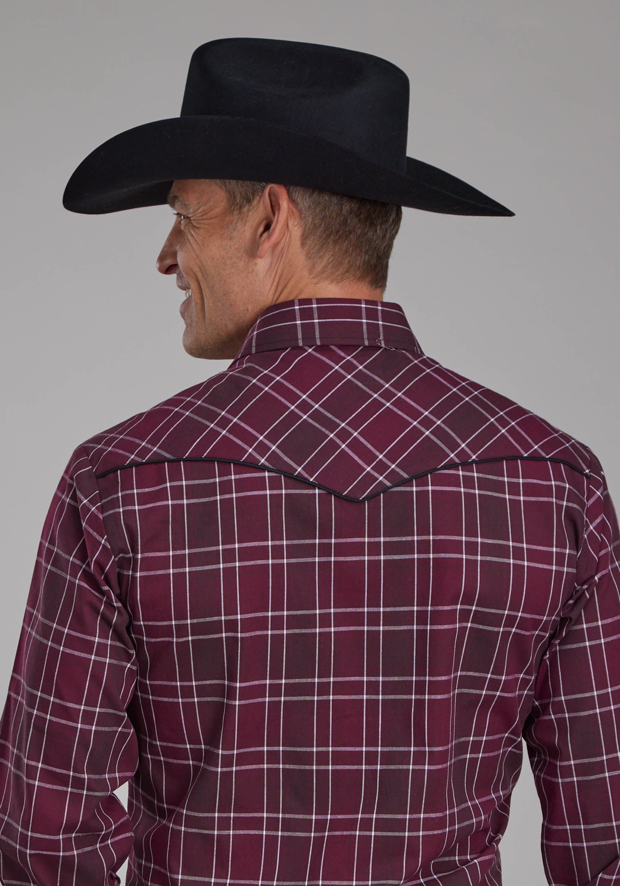 Roper Mens Wine Black And White Plaid Long Sleeve Snap Western Shirt