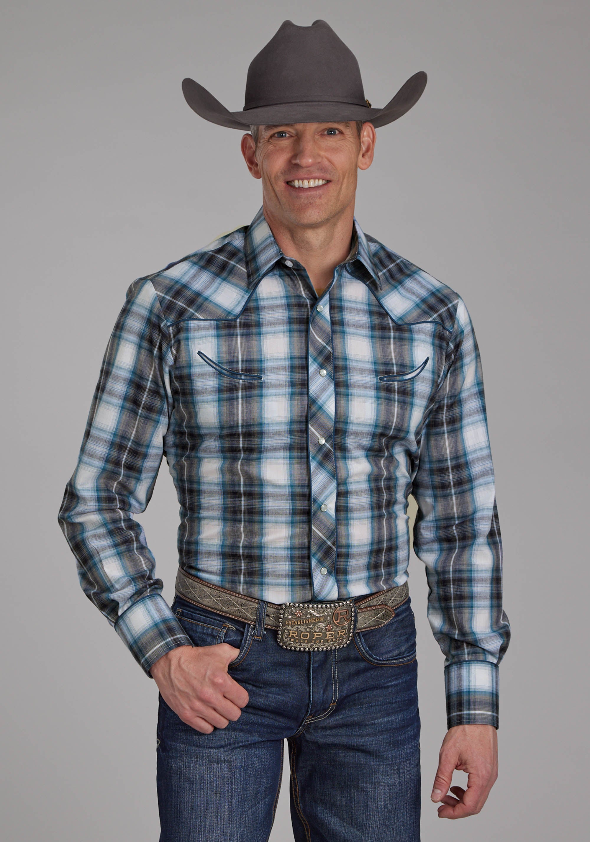 Roper Mens Navy Teal And White Plaid Long Sleeve Snap Western Shirt