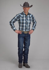 Roper Mens Navy Teal And White Plaid Long Sleeve Snap Western Shirt