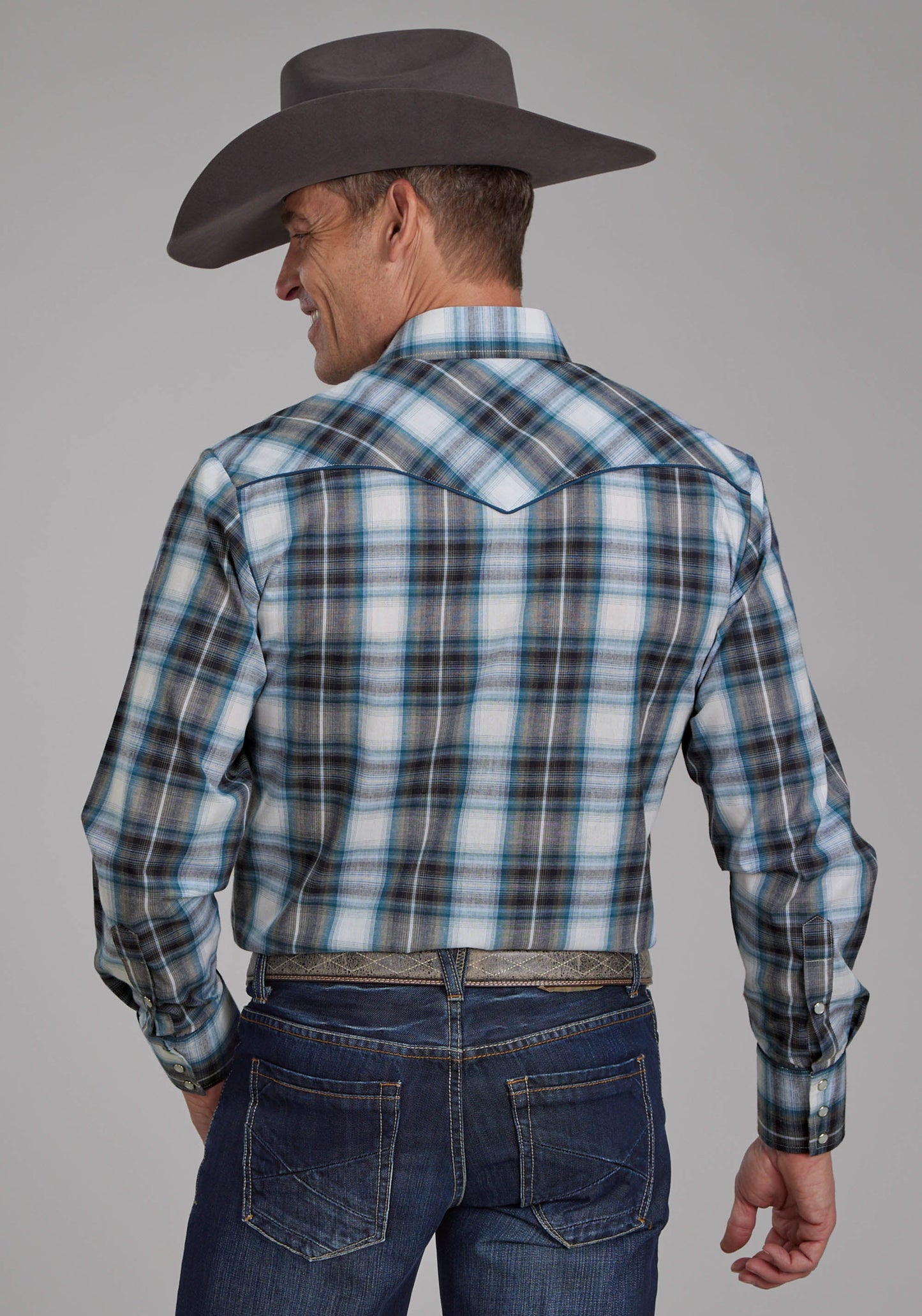 Roper Mens Navy Teal And White Plaid Long Sleeve Snap Western Shirt