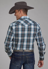 Roper Mens Navy Teal And White Plaid Long Sleeve Snap Western Shirt