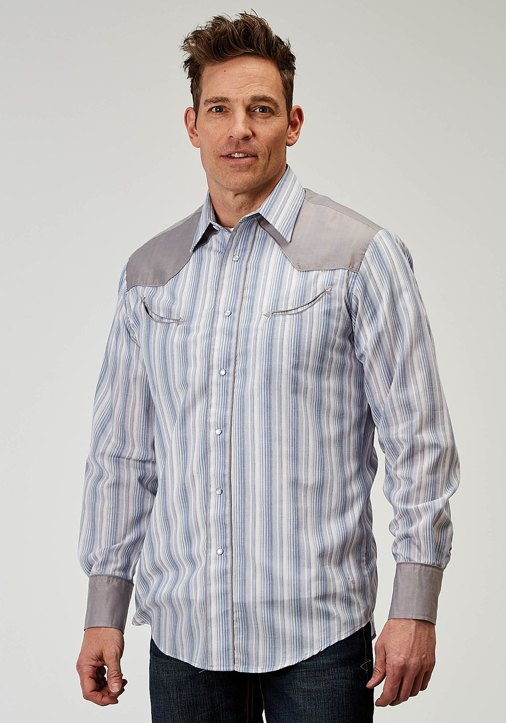 Roper Mens Long Sleeve Snap Blue Stripe Western Shirt With Piping Solid Yokes Smile Pockets - Roper