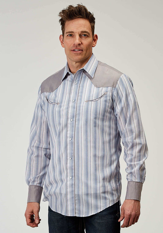 Roper Mens Long Sleeve Snap Blue Stripe Western Shirt With Piping Solid Yokes Smile Pockets - Roper - Flyclothing LLC