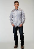 Roper Mens Long Sleeve Snap Blue Stripe Western Shirt With Piping Solid Yokes Smile Pockets - Roper