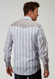 Roper Mens Long Sleeve Snap Blue Stripe Western Shirt With Piping Solid Yokes Smile Pockets - Roper