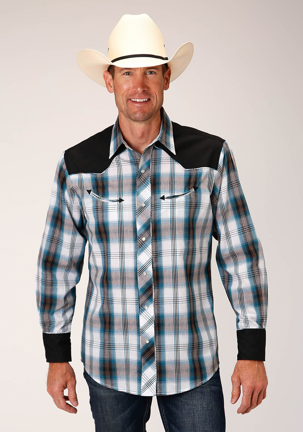 Roper Mens Long Sleeve Snap Peacock Bu Brown Black Wh Plaid Western Shirt With Solid Yokes And Piping - Roper