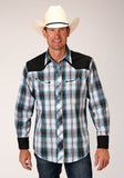 Roper Mens Long Sleeve Snap Peacock Bu Brown Black Wh Plaid Western Shirt With Solid Yokes And Piping - Roper