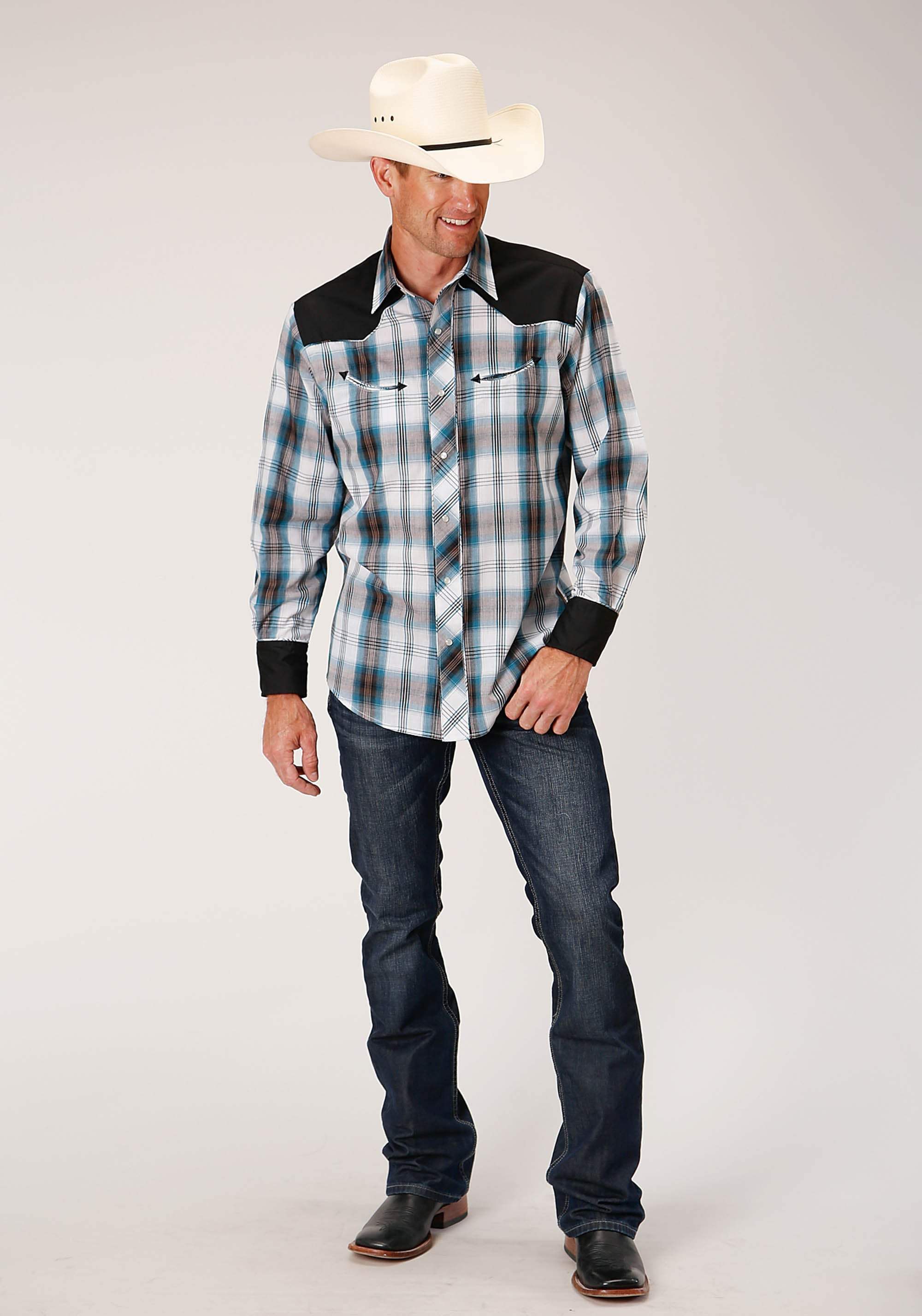 Roper Mens Long Sleeve Snap Peacock Bu Brown Black Wh Plaid Western Shirt With Solid Yokes And Piping - Roper - Flyclothing LLC