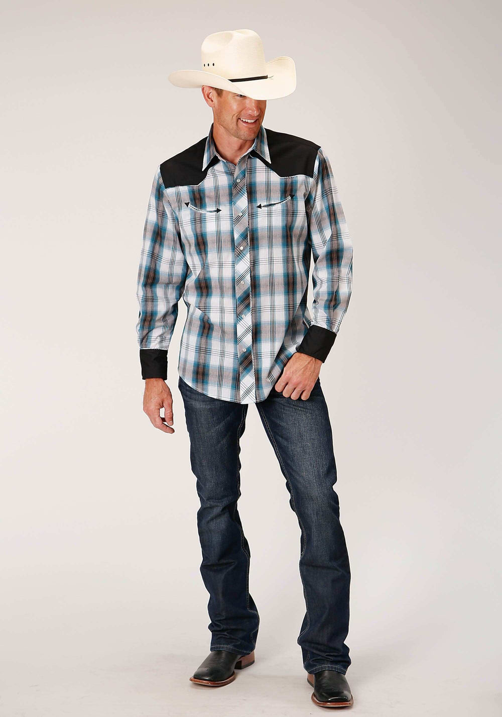 Roper Mens Long Sleeve Snap Peacock Bu Brown Black Wh Plaid Western Shirt With Solid Yokes And Piping - Roper - Flyclothing LLC