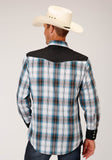 Roper Mens Long Sleeve Snap Peacock Bu Brown Black Wh Plaid Western Shirt With Solid Yokes And Piping - Roper
