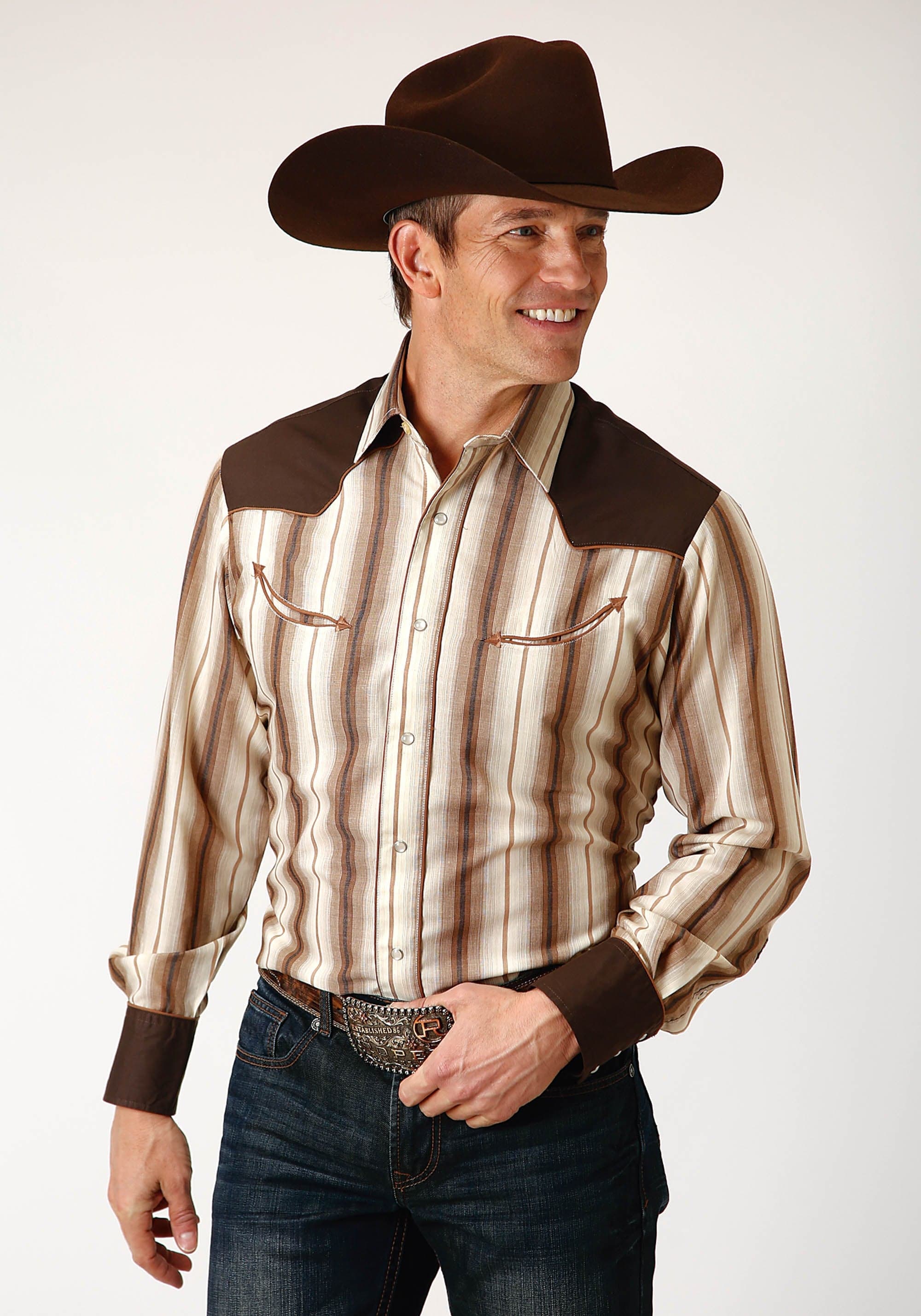 Roper Mens Long Sleeve Snap Brown And Cream Ombre Stripe Western Shirt - Roper