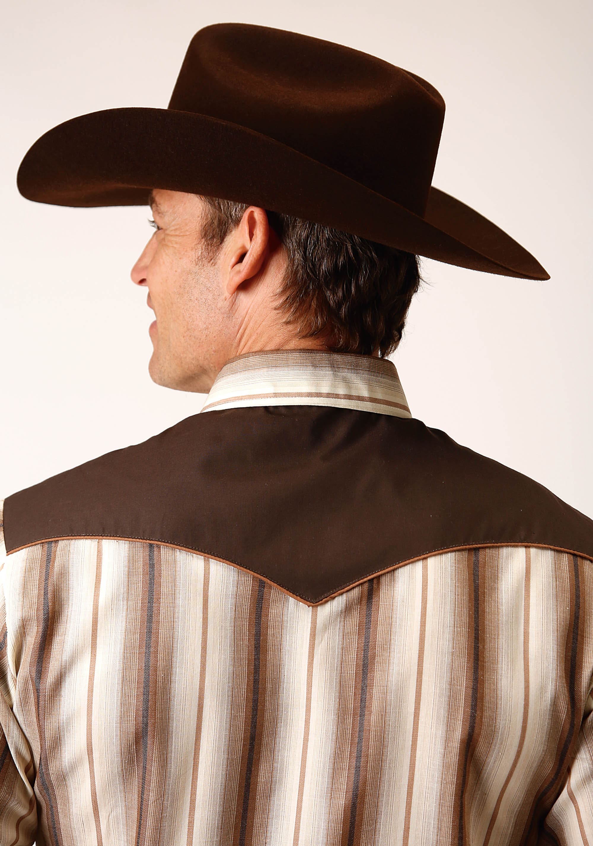 Roper Mens Long Sleeve Snap Brown And Cream Ombre Stripe Western Shirt - Roper