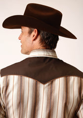 Roper Mens Long Sleeve Snap Brown And Cream Ombre Stripe Western Shirt - Roper