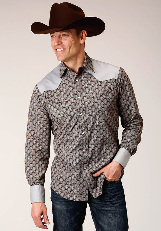 Roper Mens Long Sleeve Snap Chocolate And Cream Teardrop Print Western Shirt - Roper