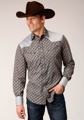 Roper Mens Long Sleeve Snap Chocolate And Cream Teardrop Print Western Shirt - Roper