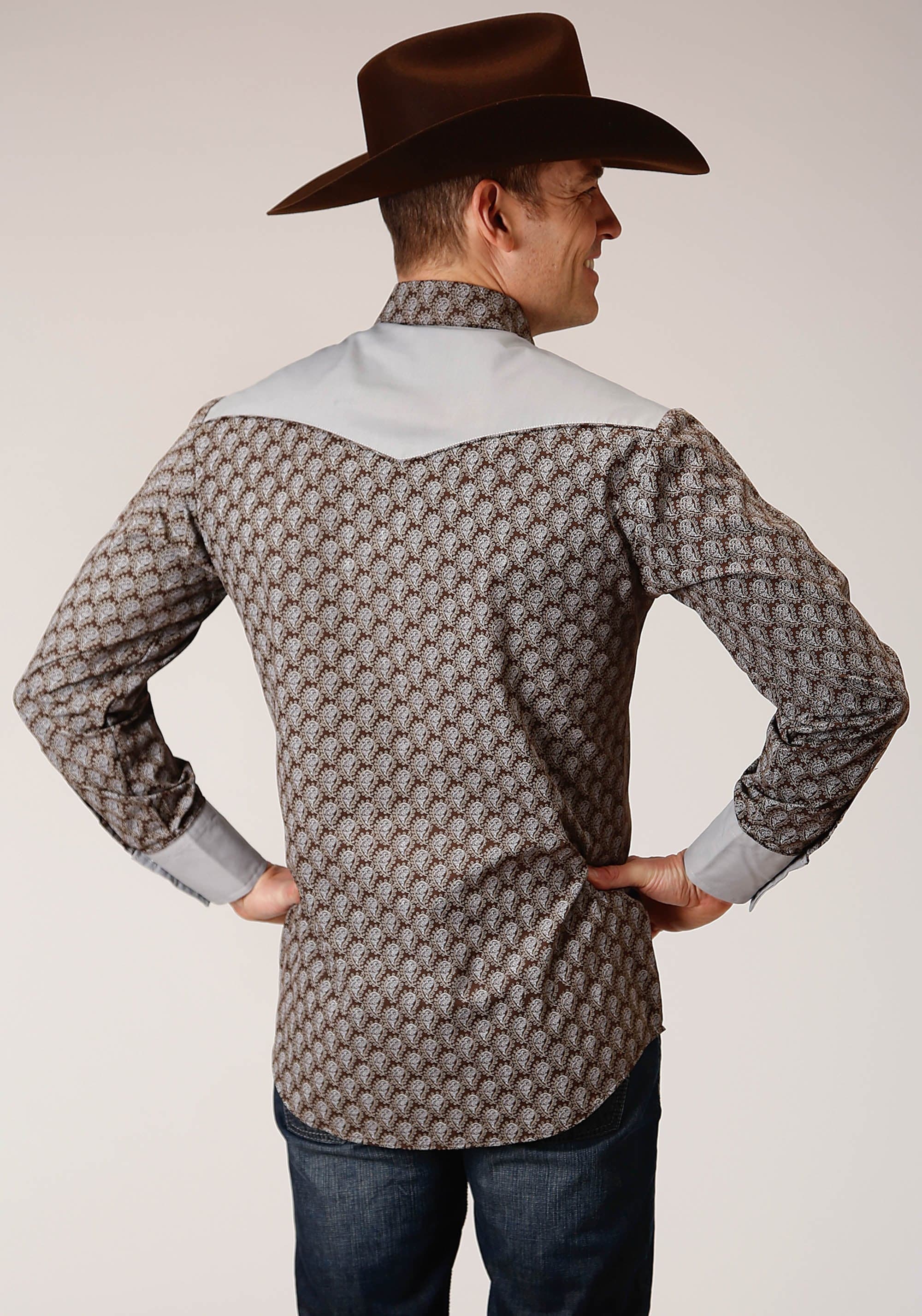 Roper Mens Long Sleeve Snap Chocolate And Cream Teardrop Print Western Shirt - Roper