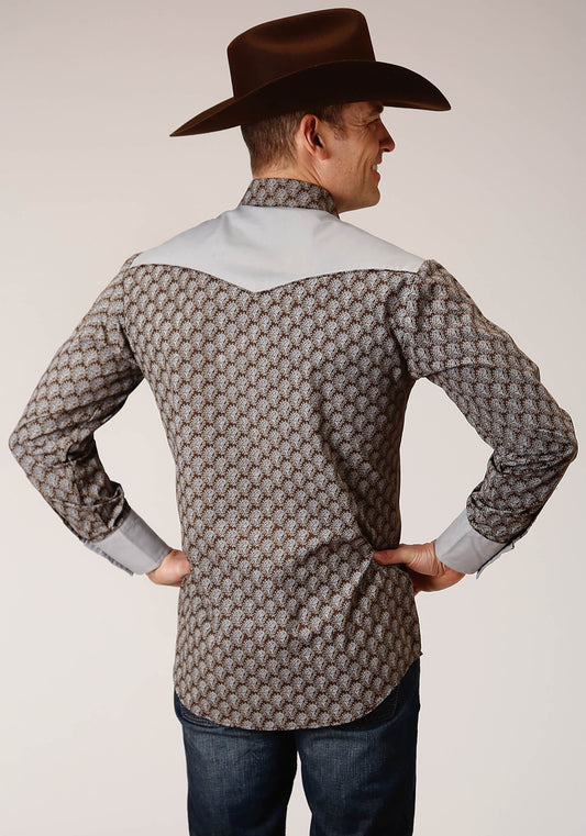 Roper Mens Long Sleeve Snap Chocolate And Cream Teardrop Print Western Shirt - Roper