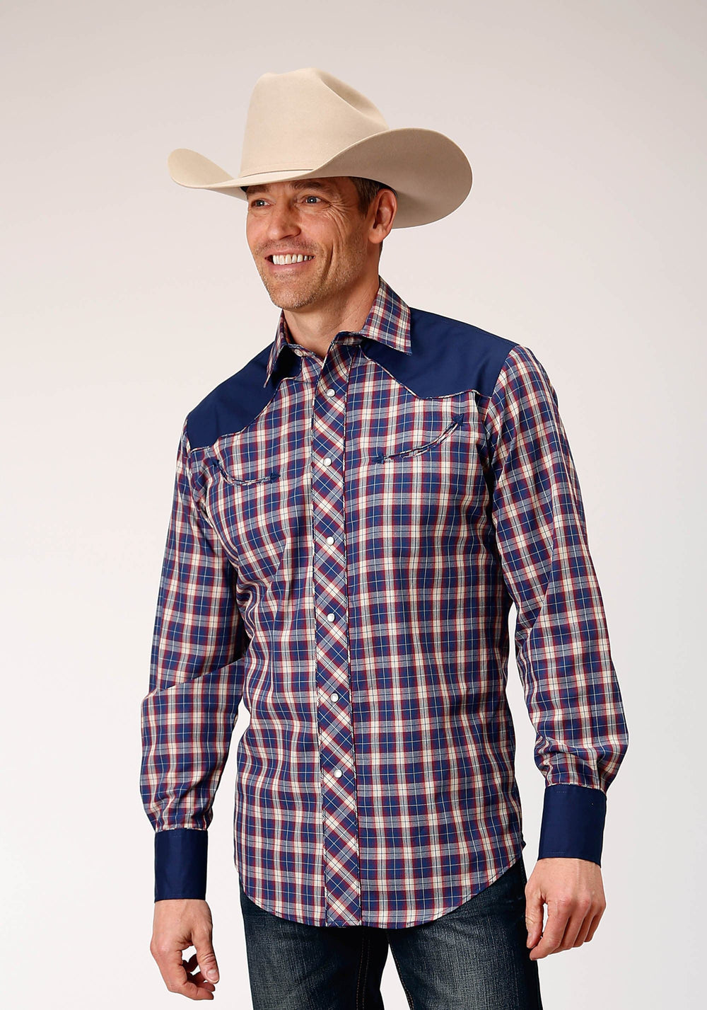Roper Mens Long Sleeve Snap Navy Red Cream Plaid Western Shirt With Solid Yokes And Smile Pockets - Roper