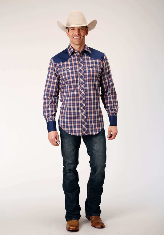 Roper Mens Long Sleeve Snap Navy Red Cream Plaid Western Shirt With Solid Yokes And Smile Pockets - Roper - Flyclothing LLC