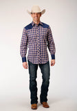 Roper Mens Long Sleeve Snap Navy Red Cream Plaid Western Shirt With Solid Yokes And Smile Pockets - Roper