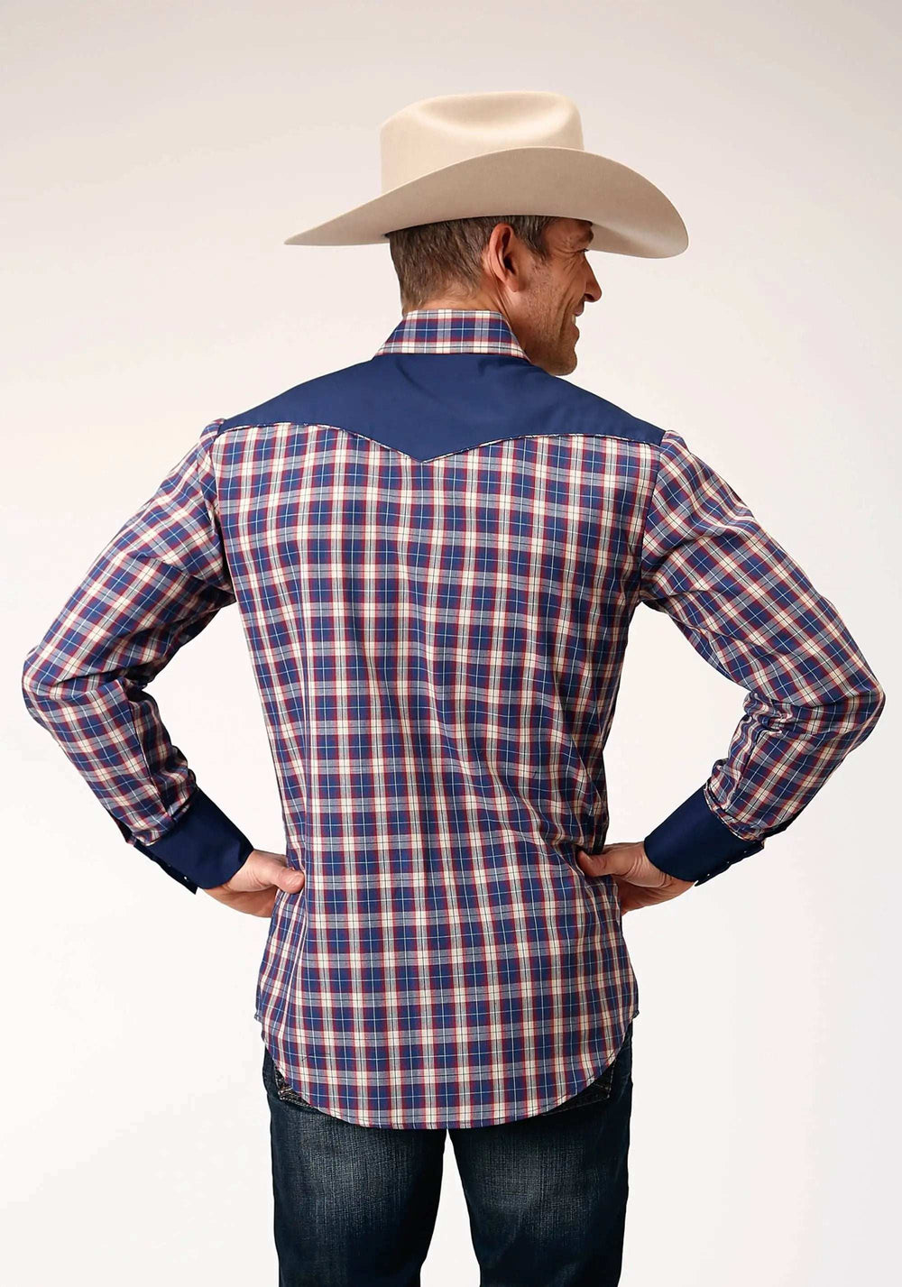 Roper Mens Long Sleeve Snap Navy Red Cream Plaid Western Shirt With Solid Yokes And Smile Pockets - Roper - Flyclothing LLC