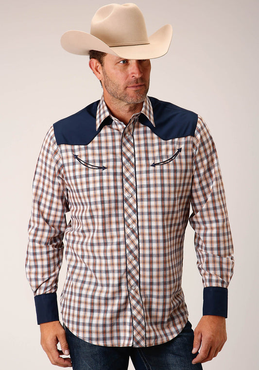 Roper Mens Long Sleeve Snap Navy  Gold  Rust Windowpane Plaid Western Shirt - Roper