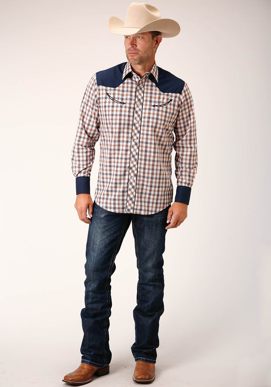 Roper Mens Long Sleeve Snap Navy  Gold  Rust Windowpane Plaid Western Shirt - Roper