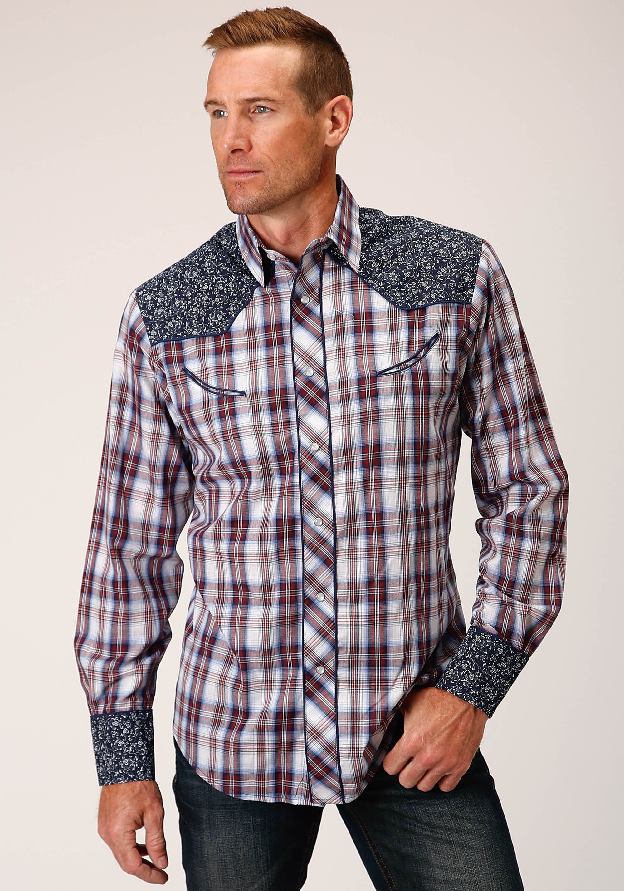 Roper Mens Long Sleeve Snap Wine  Navy  And White Plaid Western Shirt - Roper