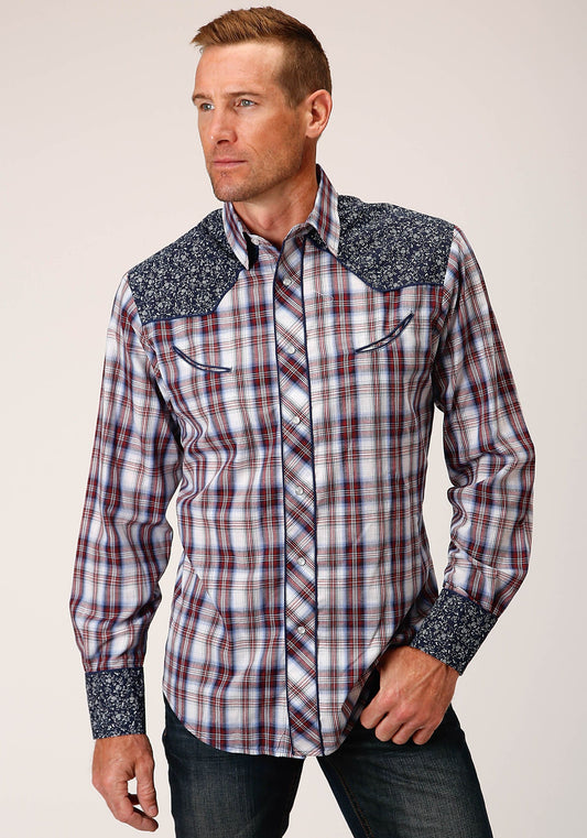 Roper Mens Long Sleeve Snap Wine  Navy  And White Plaid Western Shirt - Roper