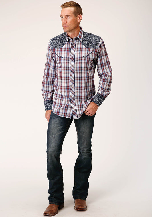 Roper Mens Long Sleeve Snap Wine  Navy  And White Plaid Western Shirt - Roper