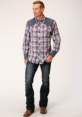 Roper Mens Long Sleeve Snap Wine  Navy  And White Plaid Western Shirt - Roper