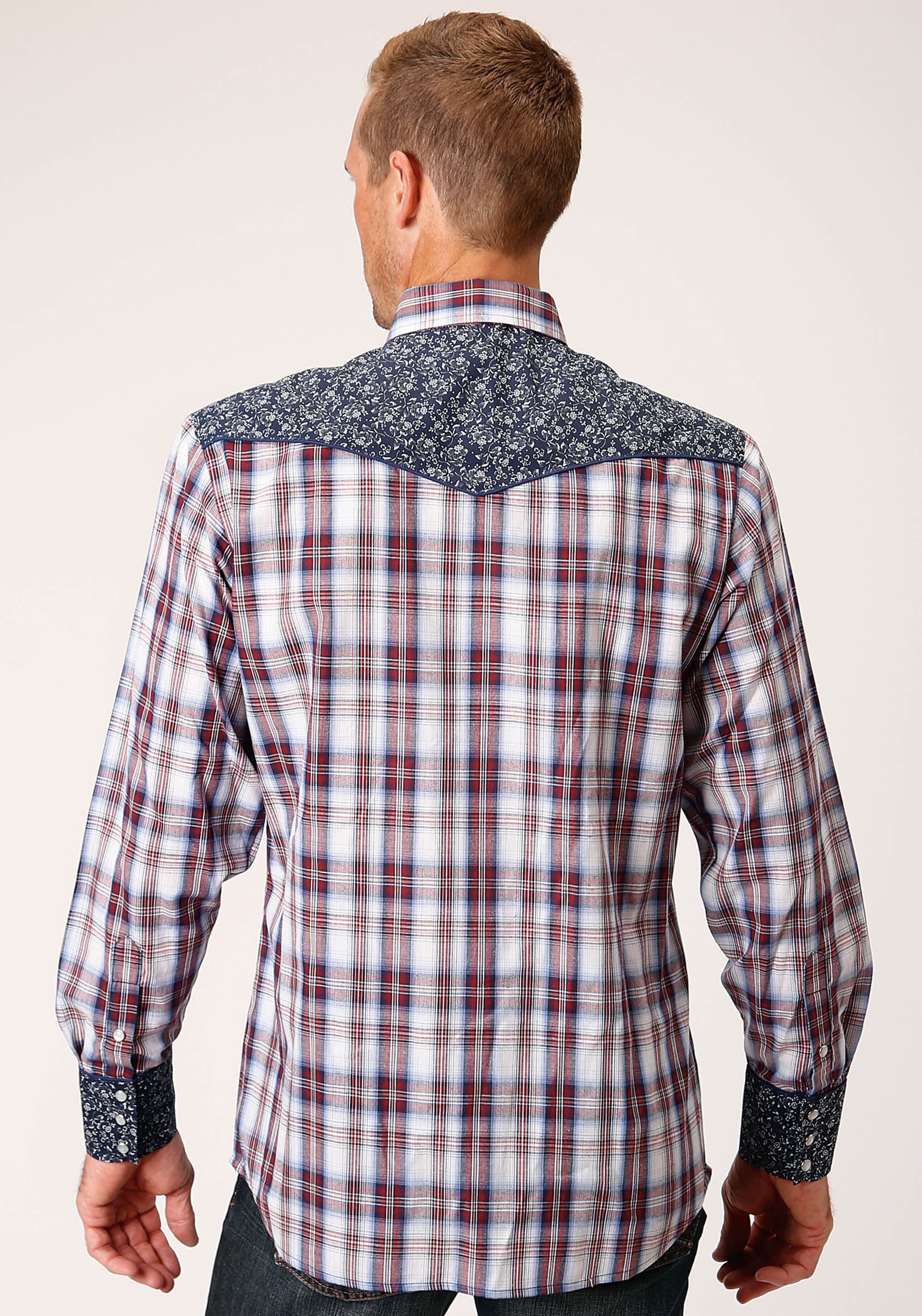 Roper Mens Long Sleeve Snap Wine  Navy  And White Plaid Western Shirt - Roper