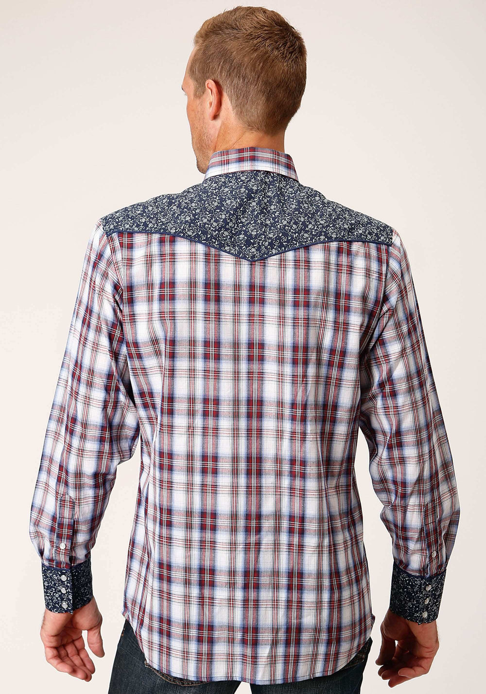 Roper Mens Long Sleeve Snap Wine Navy And White Plaid Western Shirt - Roper - Flyclothing LLC