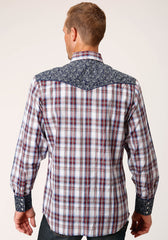 Roper Mens Long Sleeve Snap Wine  Navy  And White Plaid Western Shirt - Roper