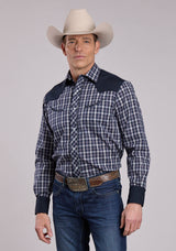 Mens Roper Navy Plaid Long Sleeve Snap Shirt