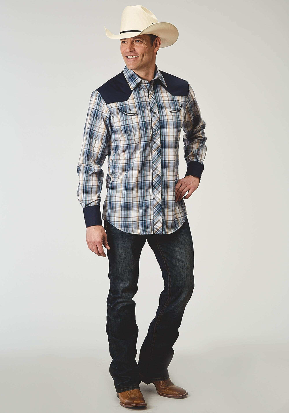 Roper Mens Long Sleeve Snap Madris Plaid Plaid Western Shirt With Piping Solid Yokes Smile Pockets - Roper - Flyclothing LLC