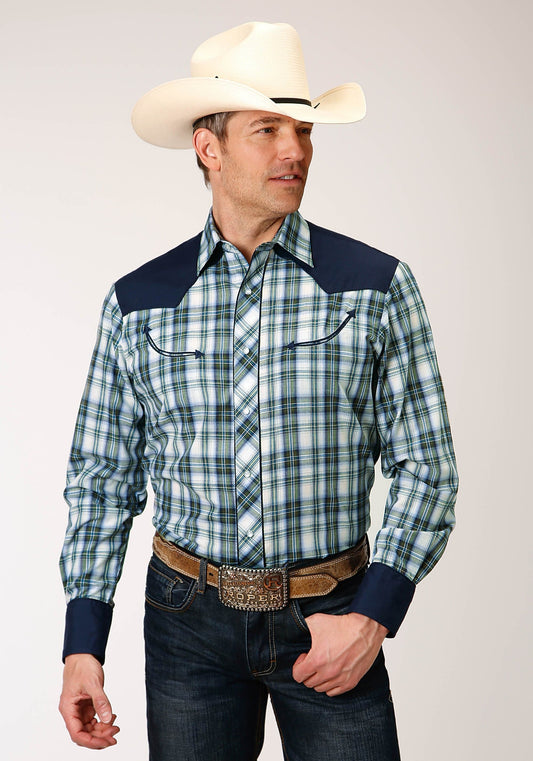 Roper Mens Long Sleeve Snap Olive  Blue  Cream Plaid Western Shirt - Roper