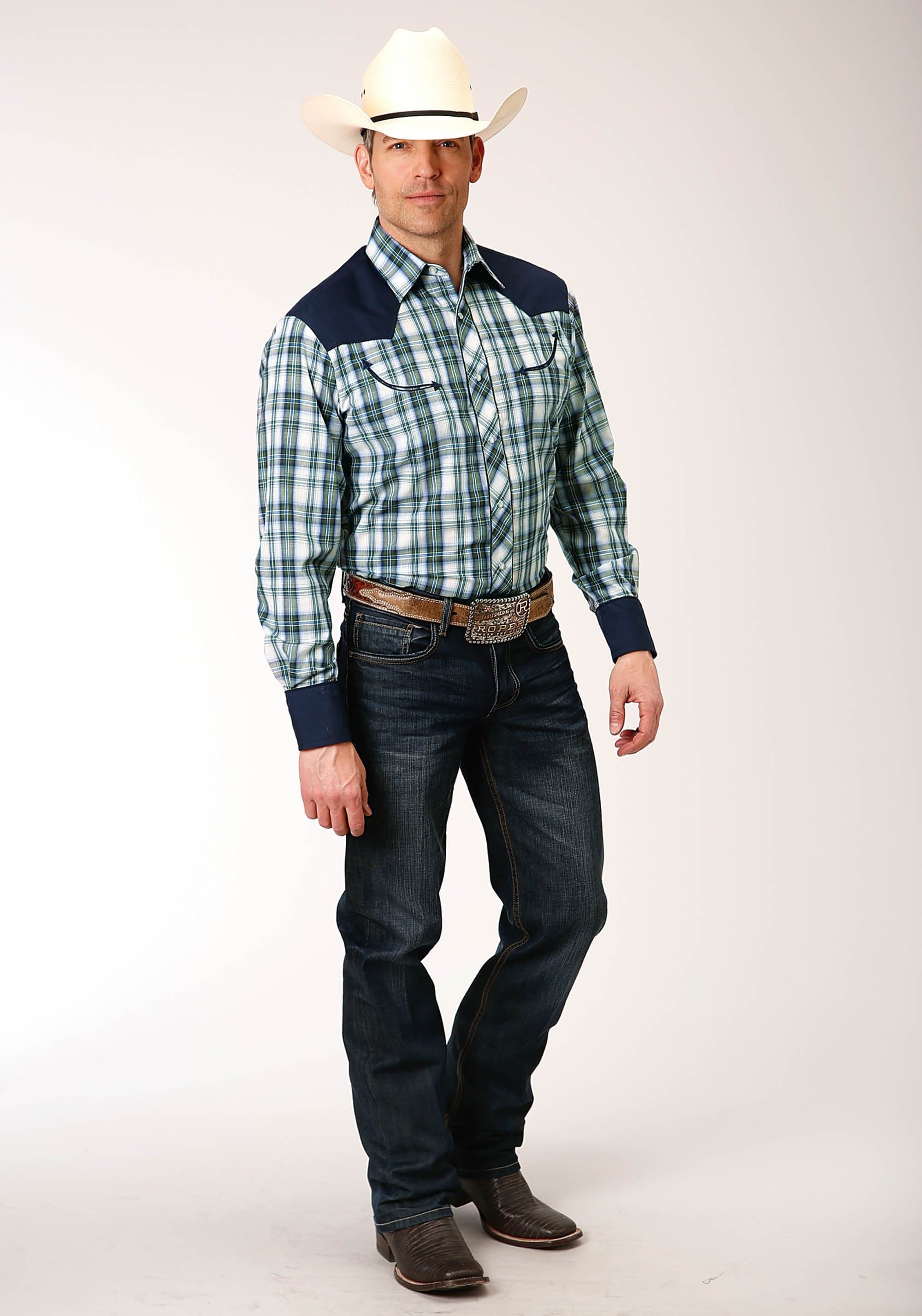Roper Mens Long Sleeve Snap Olive  Blue  Cream Plaid Western Shirt - Roper
