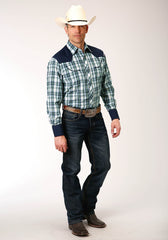 Roper Mens Long Sleeve Snap Olive  Blue  Cream Plaid Western Shirt - Roper
