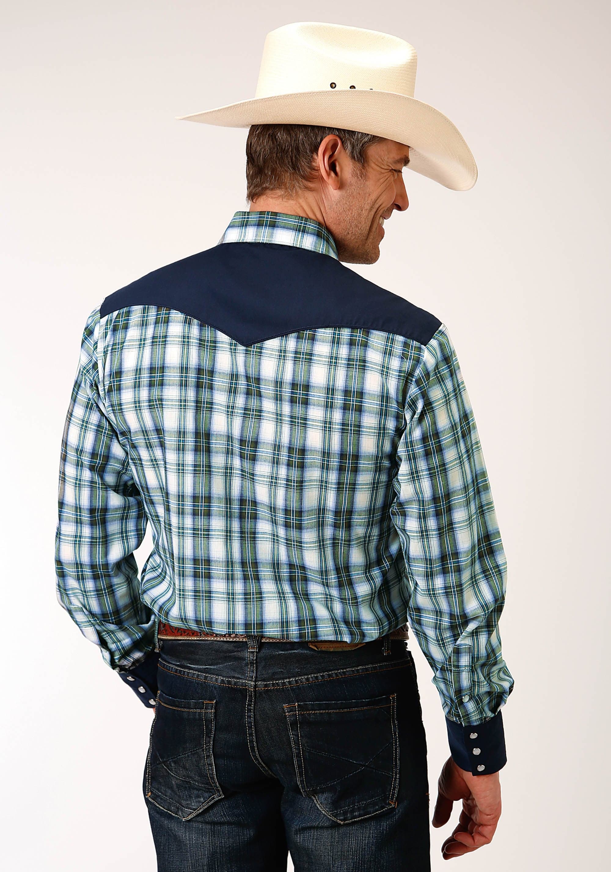 Roper Mens Long Sleeve Snap Olive  Blue  Cream Plaid Western Shirt - Roper