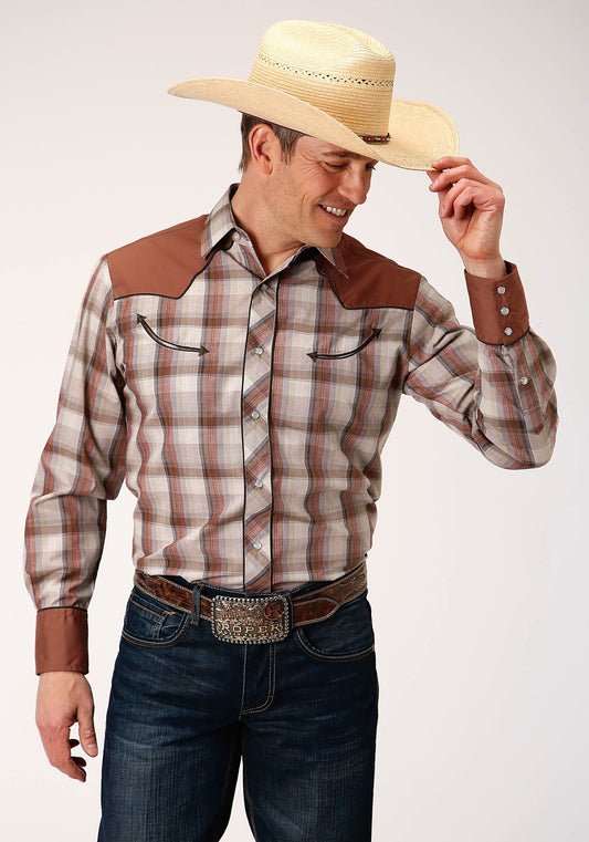 Roper Mens Long Sleeve Snap Tan Wine  And Brown Plaid Western Shirt - Roper