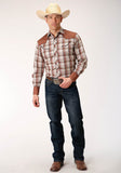 Roper Mens Long Sleeve Snap Tan Wine  And Brown Plaid Western Shirt - Roper