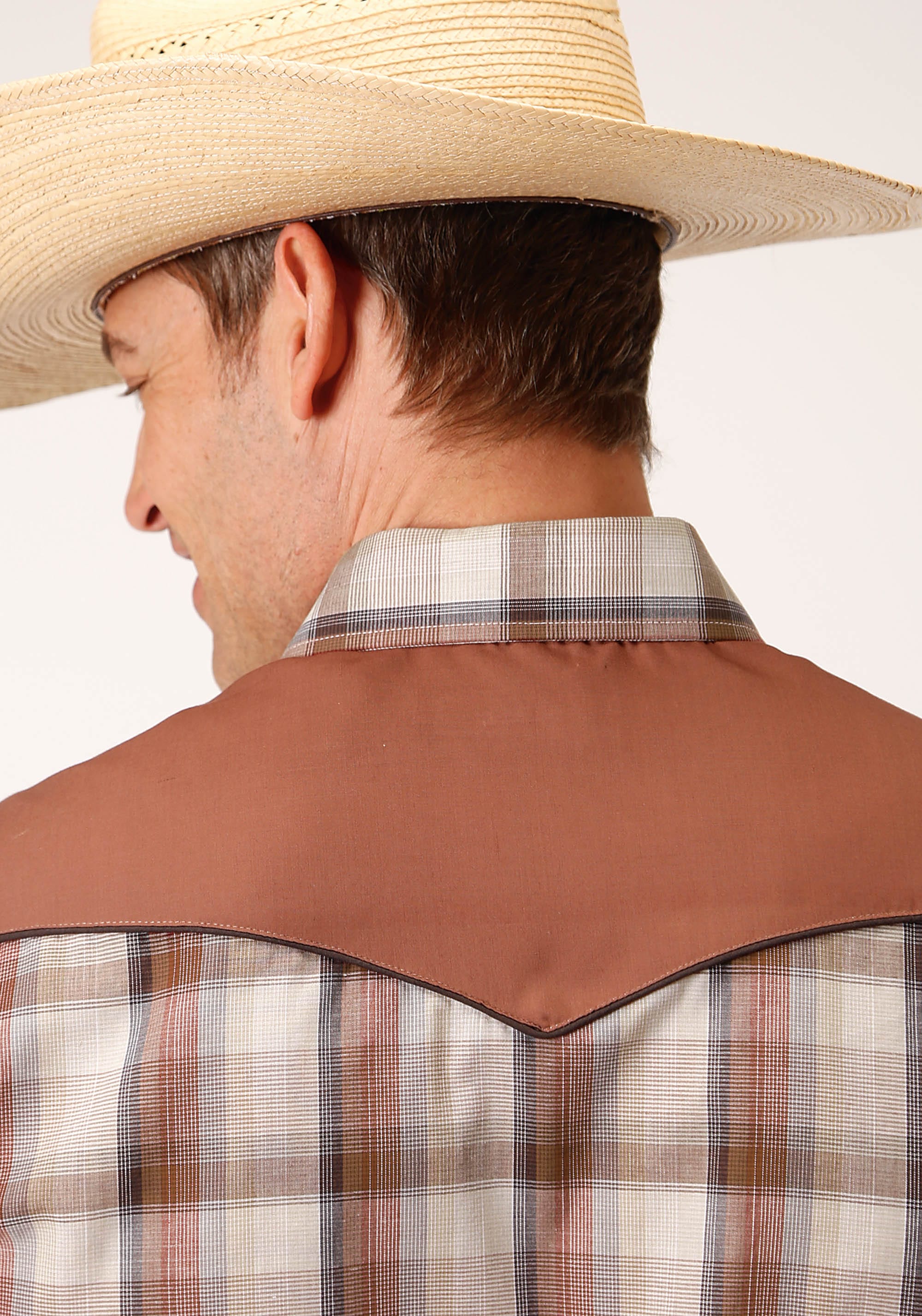 Roper Mens Long Sleeve Snap Tan Wine  And Brown Plaid Western Shirt - Roper