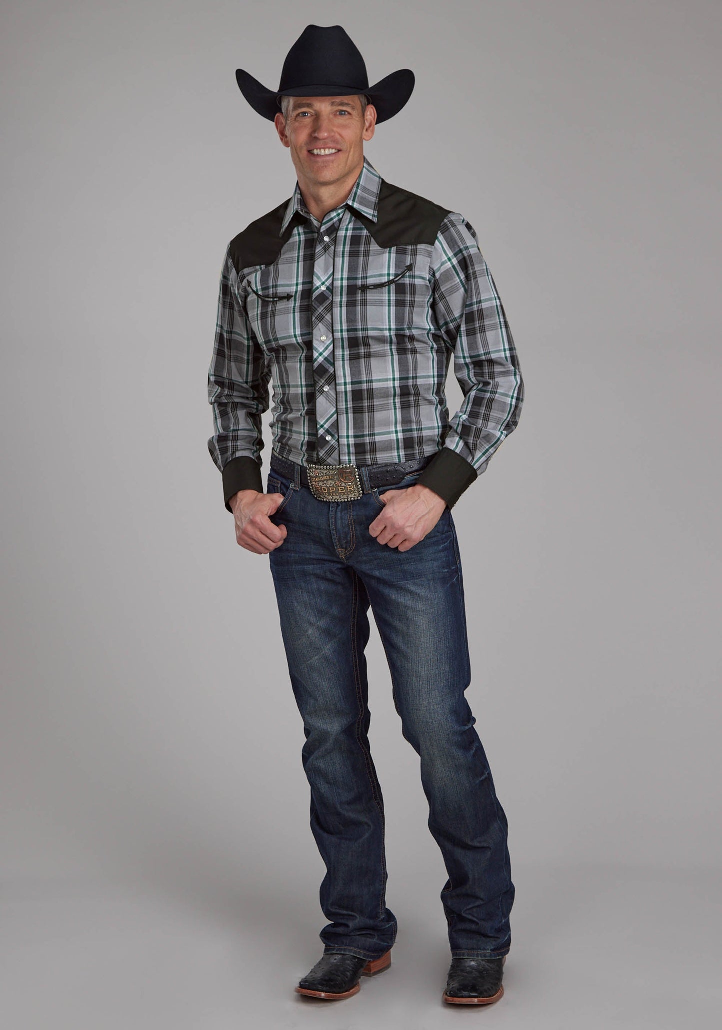 Roper Mens Gray Black And White Plaid Long Sleeve Snap Western Shirt