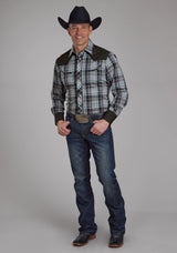 Roper Mens Gray Black And White Plaid Long Sleeve Snap Western Shirt