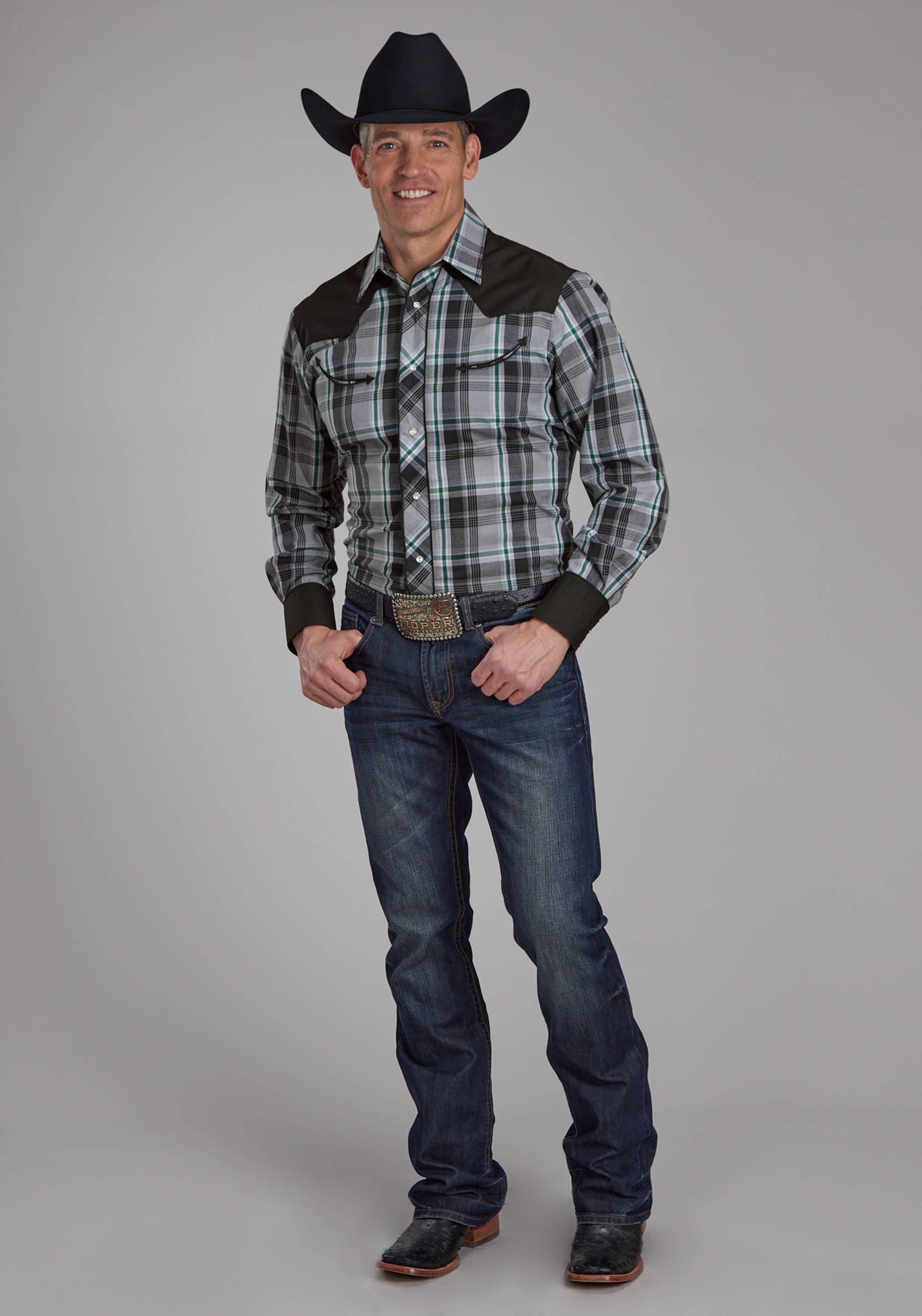Roper Mens Gray Black And White Plaid Long Sleeve Snap Western Shirt