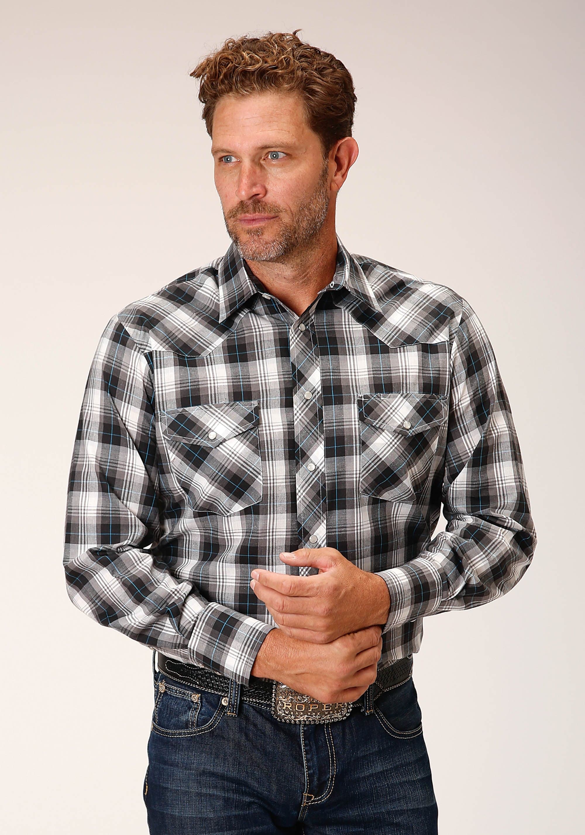 Roper Mens Long Sleeve Snap White Black Grey Plaid Western Shirt - Roper