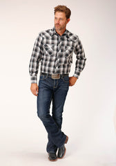 Roper Mens Long Sleeve Snap White Black Grey Plaid Western Shirt - Roper