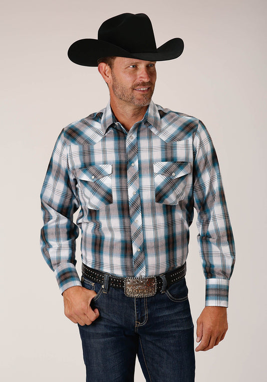 Roper Mens Long Sleeve Snap Peacock Blue Brown Black White Plaid Western Shirt - Roper