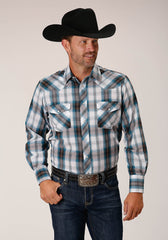 Roper Mens Long Sleeve Snap Peacock Blue Brown Black White Plaid Western Shirt - Roper